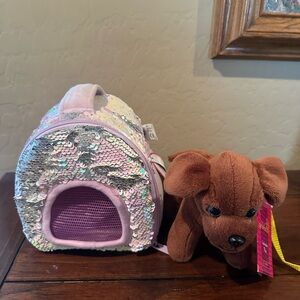 Our Generation Plush Pet Dog and Sequin Pet Carrier Bag
